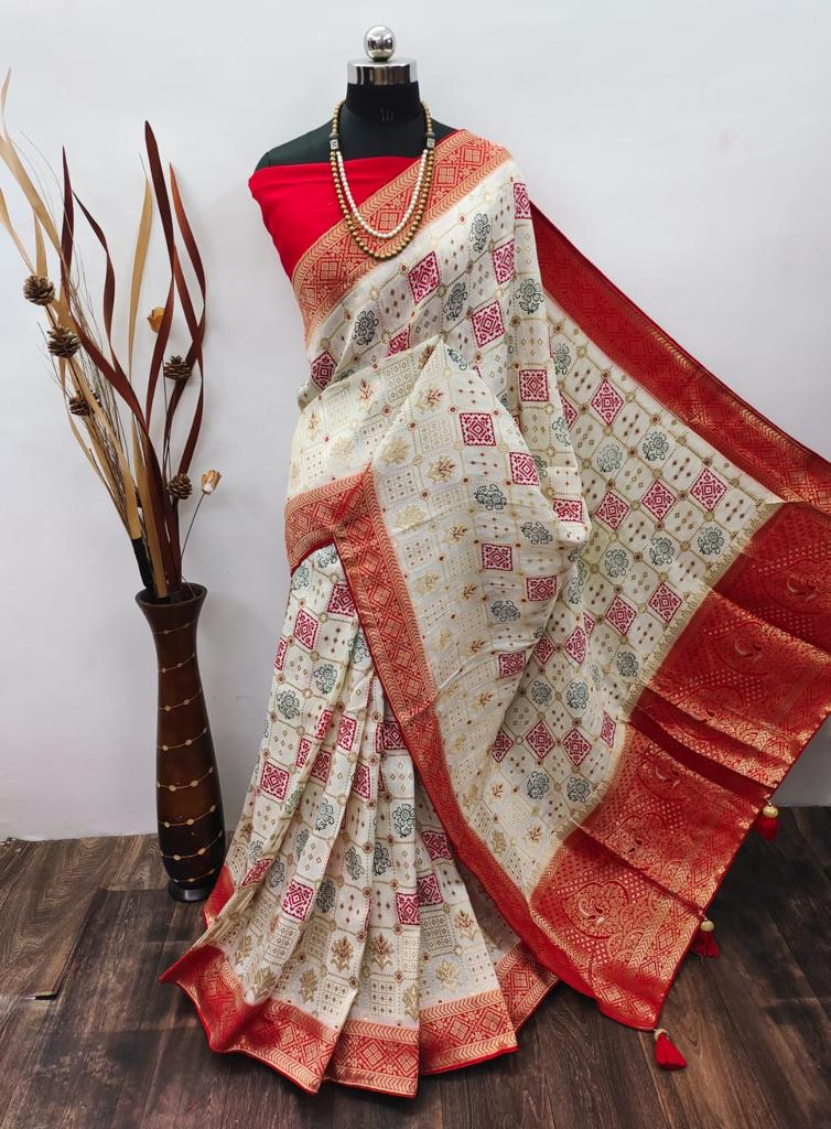 Ajrakh Print Dola Designer Saree - Dharti Bandhani