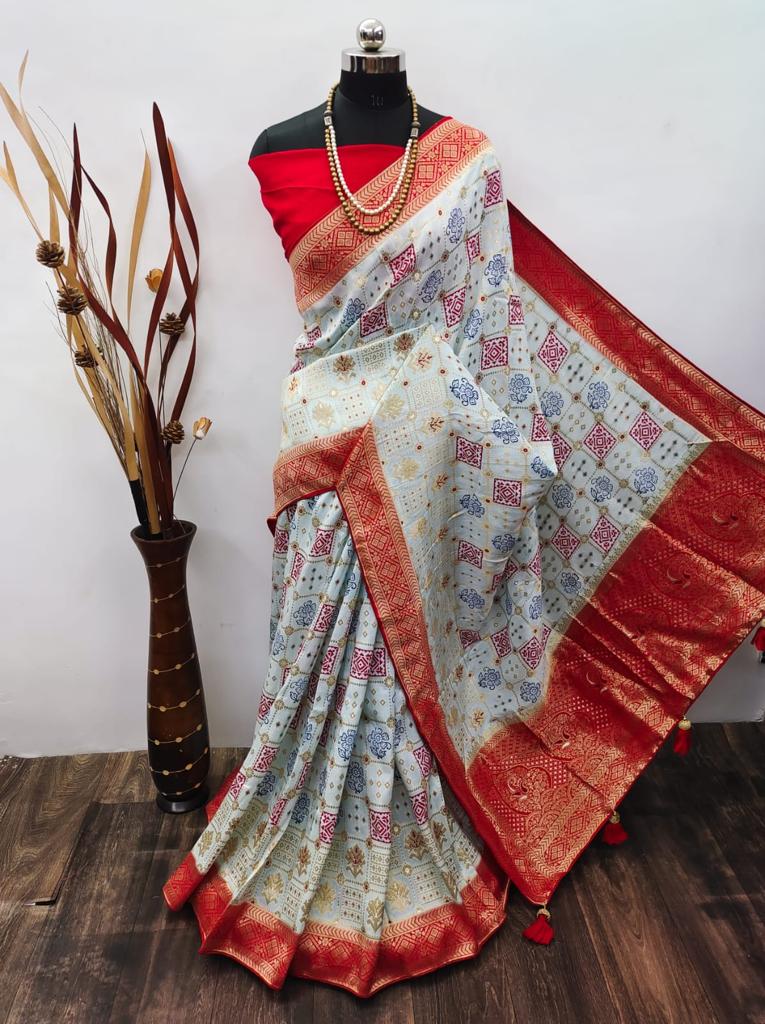 Ajrakh Print Dola Designer Saree - Dharti Bandhani