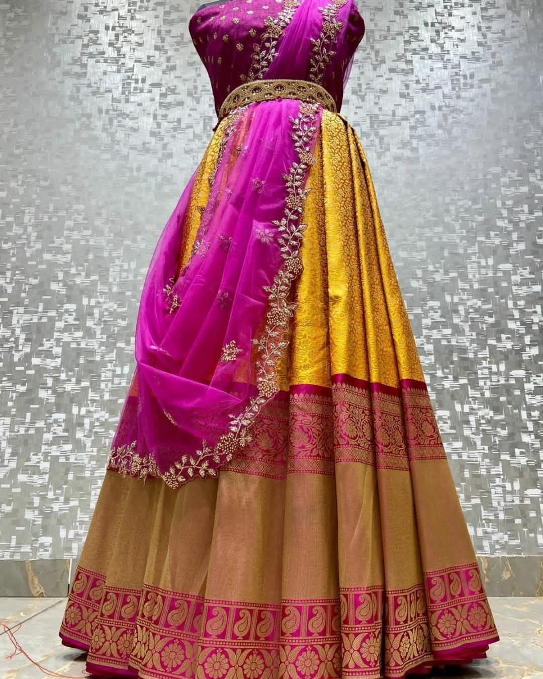 Kanjiveram Silk Zari Lehanga with Blouse Along with cutwork Duppta - Dharti Bandhani