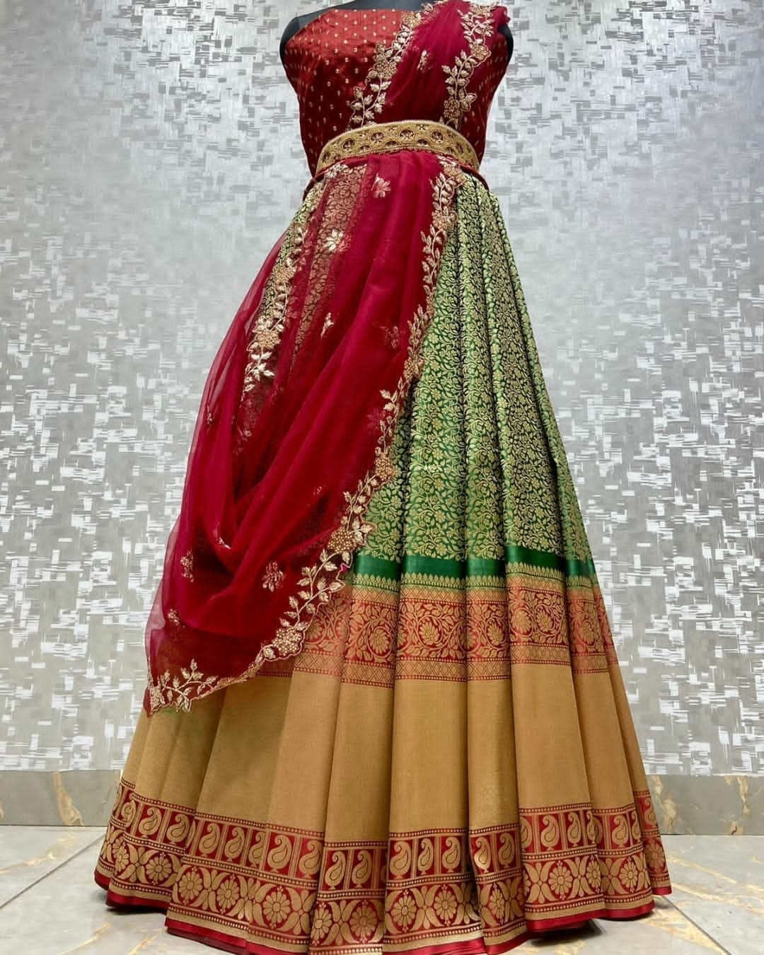 Kanjiveram Silk Zari Lehanga with Blouse Along with cutwork Duppta - Dharti Bandhani