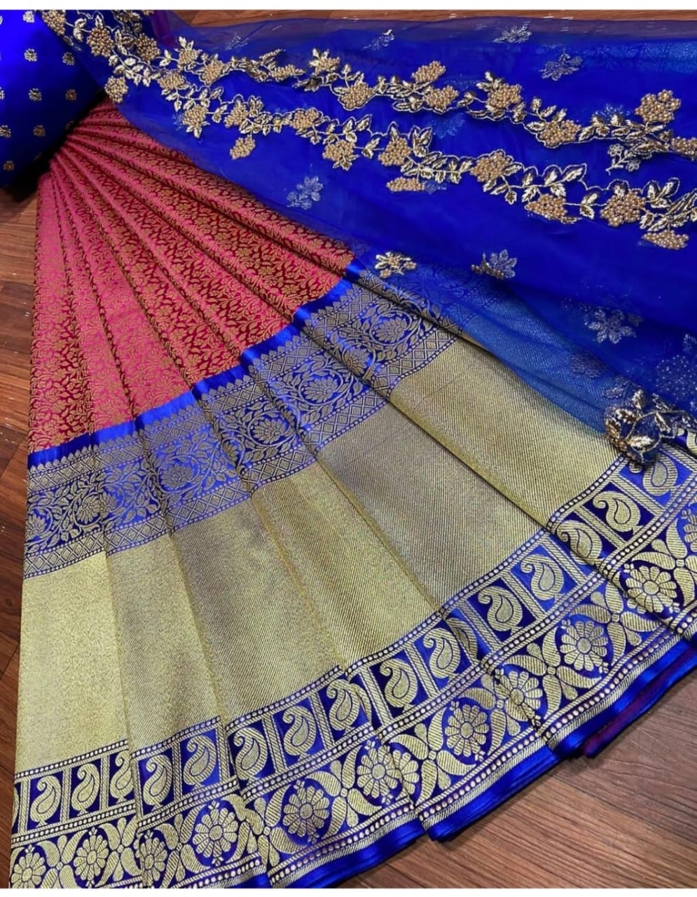 Kanjiveram Silk Zari Lehanga with Blouse Along with cutwork Duppta - Dharti Bandhani