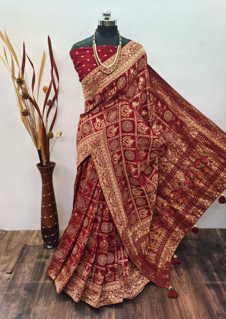 Ajrakh Print Dola Designer Saree - Dharti Bandhani