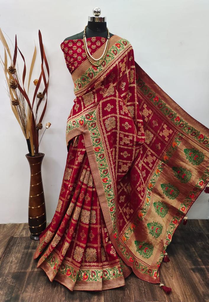 Ajrakh Print Dola Designer Saree - Dharti Bandhani