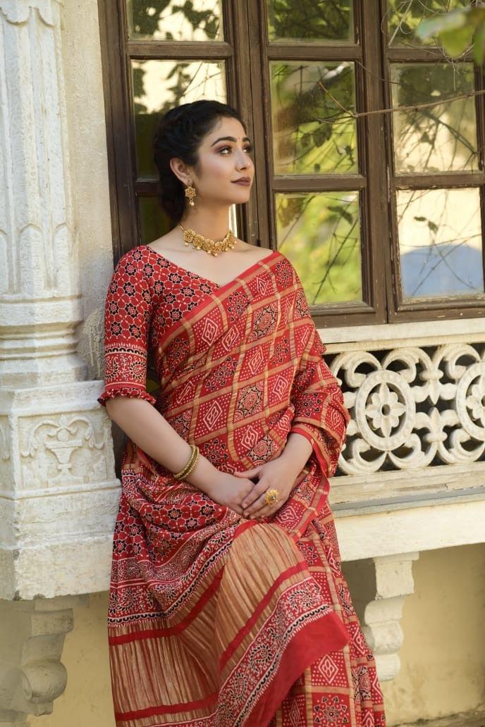 Ajrakh Print Designer Saree - Dharti Bandhani