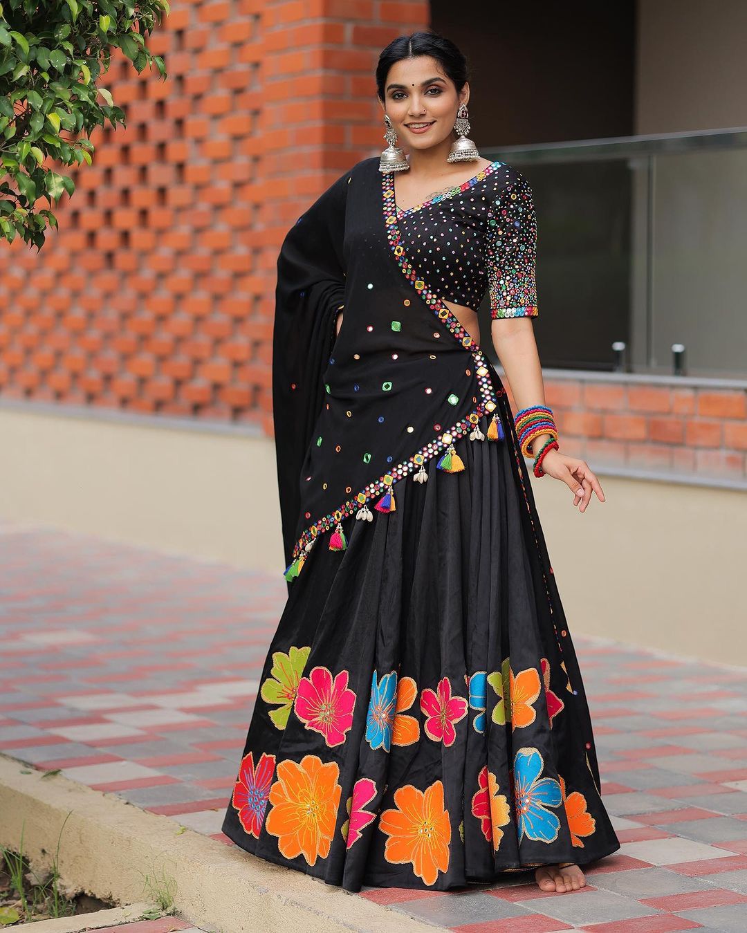 Marvelous Black Embroidered Cotton Traditional Wear Chaniya Choli