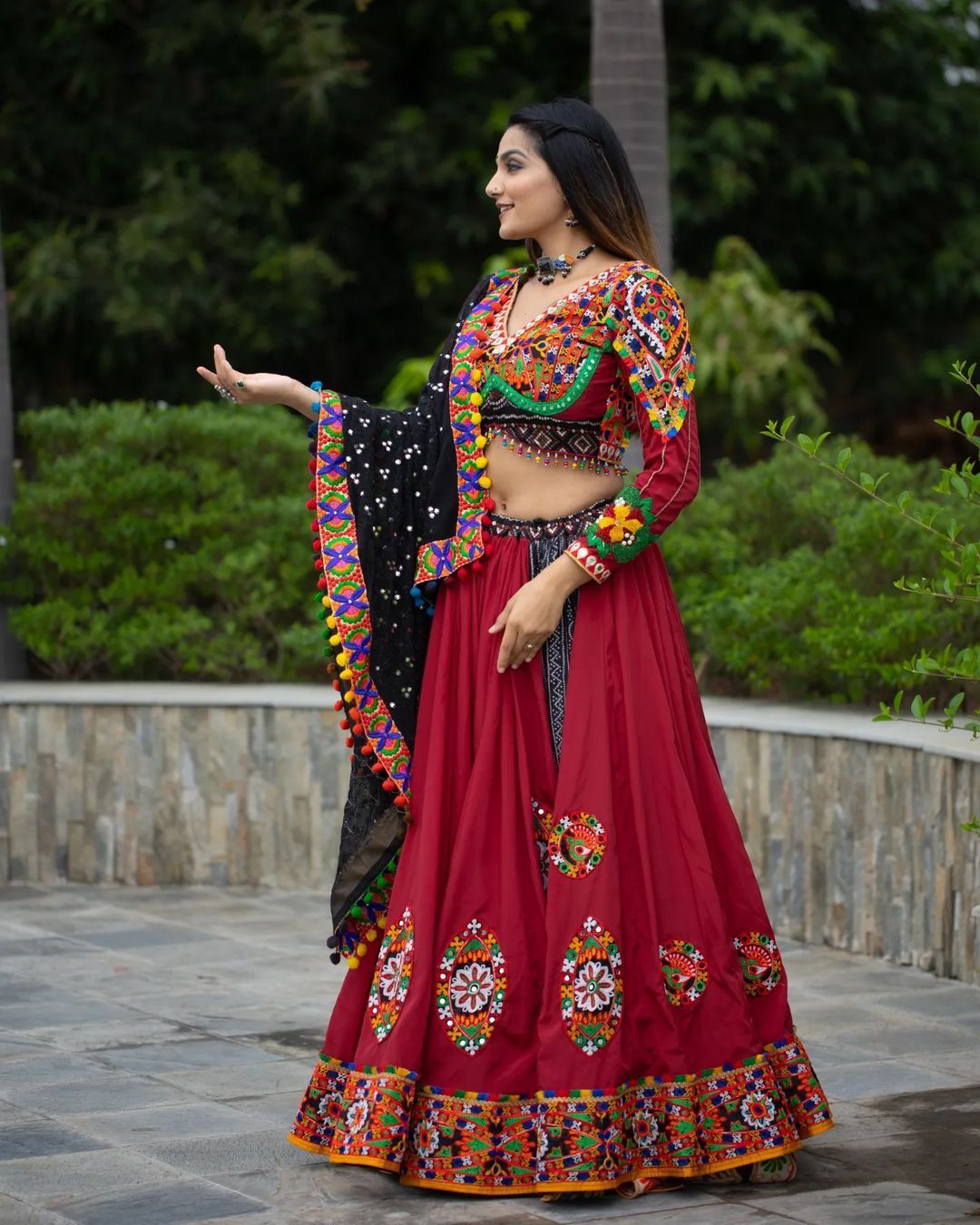 Navratri Special Black and Red Designer Lehenga Choli With Printed Butter Silk Material, Zari And Mirror Work