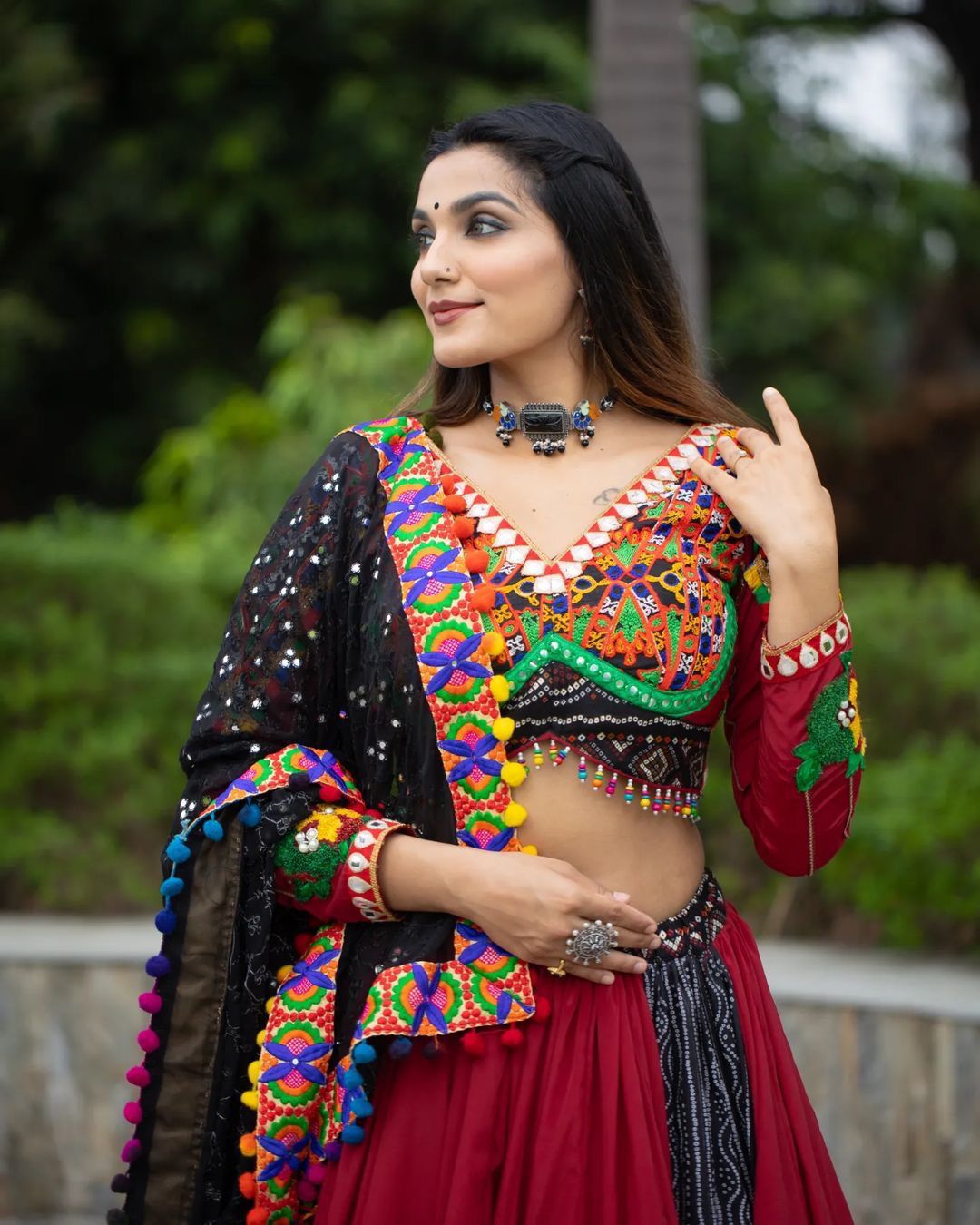 Navratri Special Black and Red Designer Lehenga Choli With Printed Butter Silk Material, Zari And Mirror Work