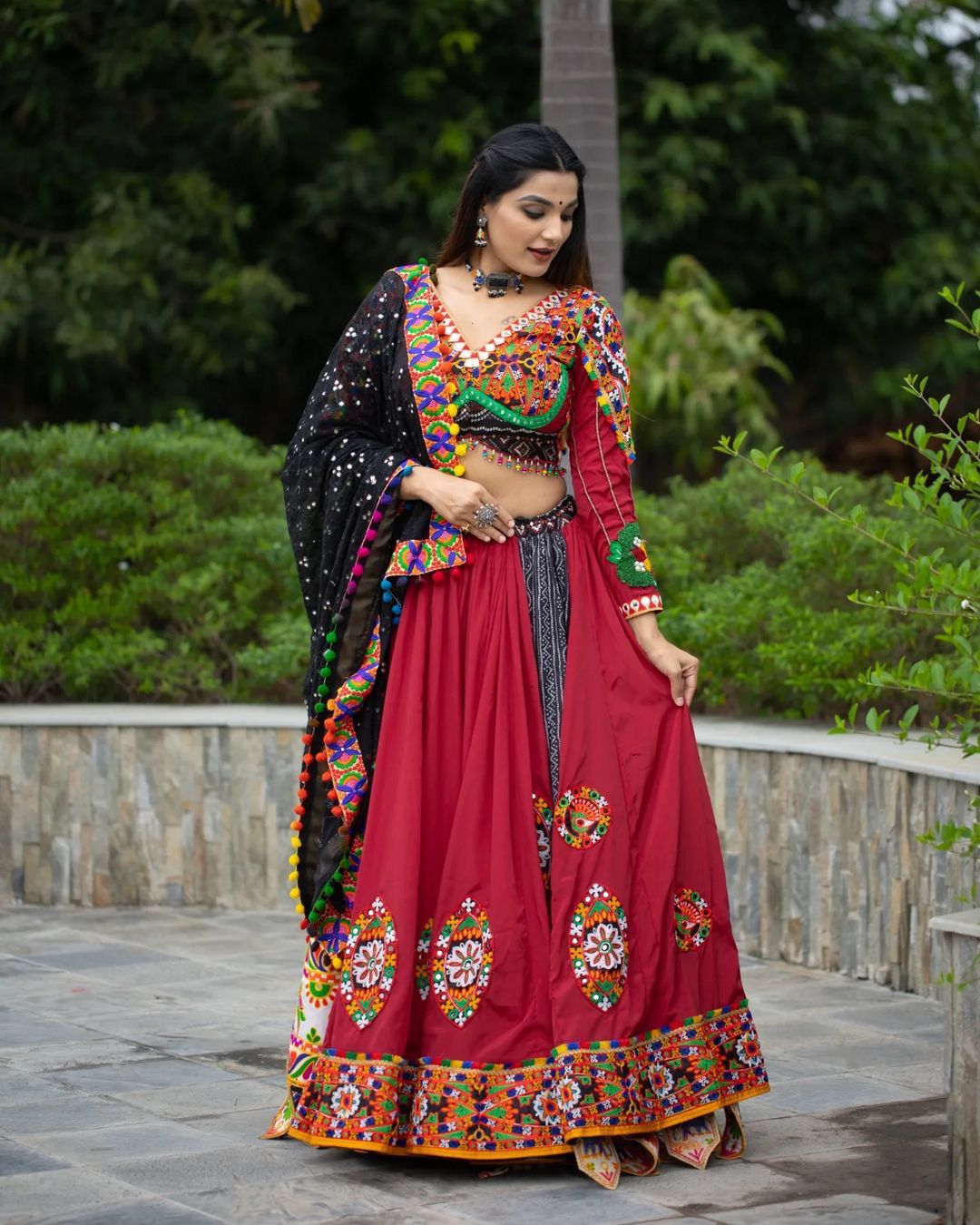 Navratri Special Black and Red Designer Lehenga Choli With Printed Butter Silk Material, Zari And Mirror Work