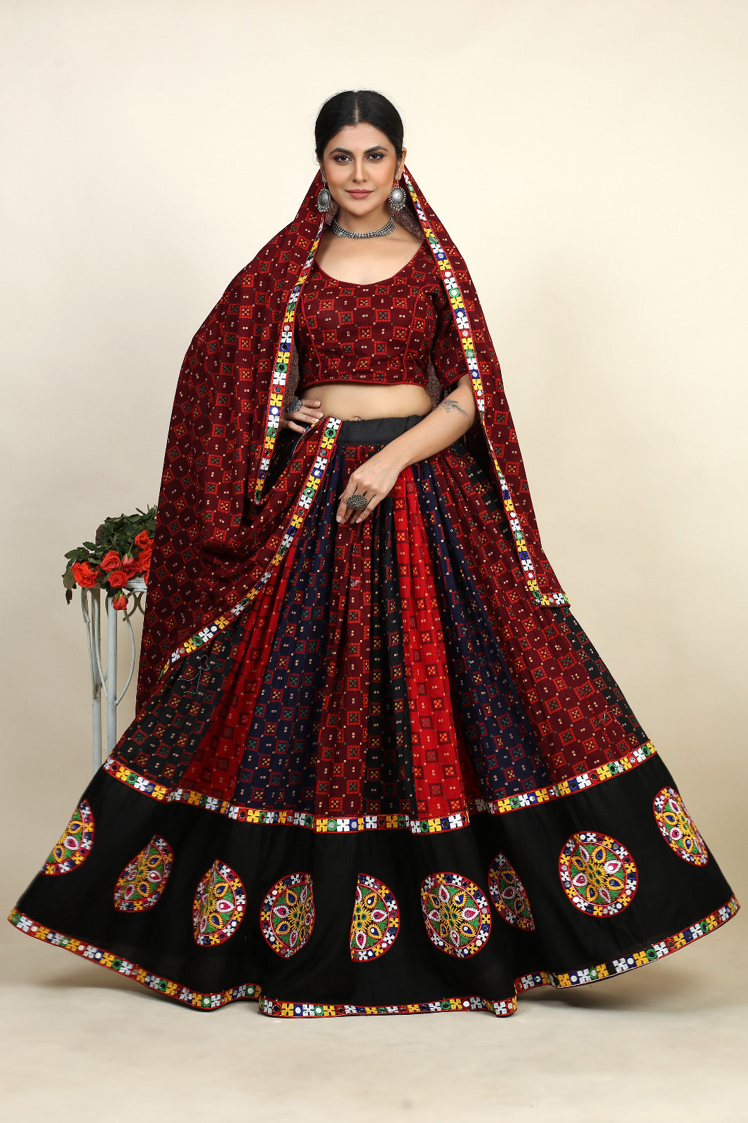 Maroon color cotton rayon navratri lehenga choli in embroidered and printed work