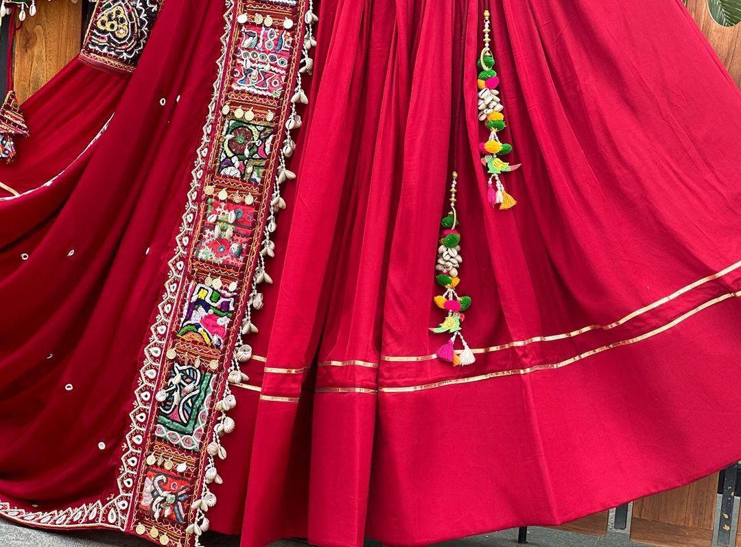 Navratri Special Red Chaniya Choli For Garba, Pure Reyon Readymade Navratri Lehenga, Full flare lehenga, real mirror work embroidered blouse