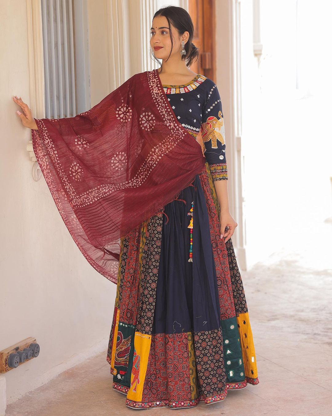 Navaratri Special Silk Lehenga Choli & Dupatta In Digital Print With Glued Real Mirror Work For Women