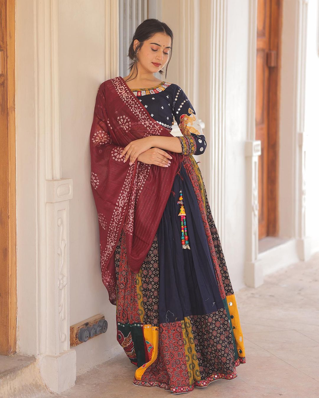 Navaratri Special Silk Lehenga Choli & Dupatta In Digital Print With Glued Real Mirror Work For Women