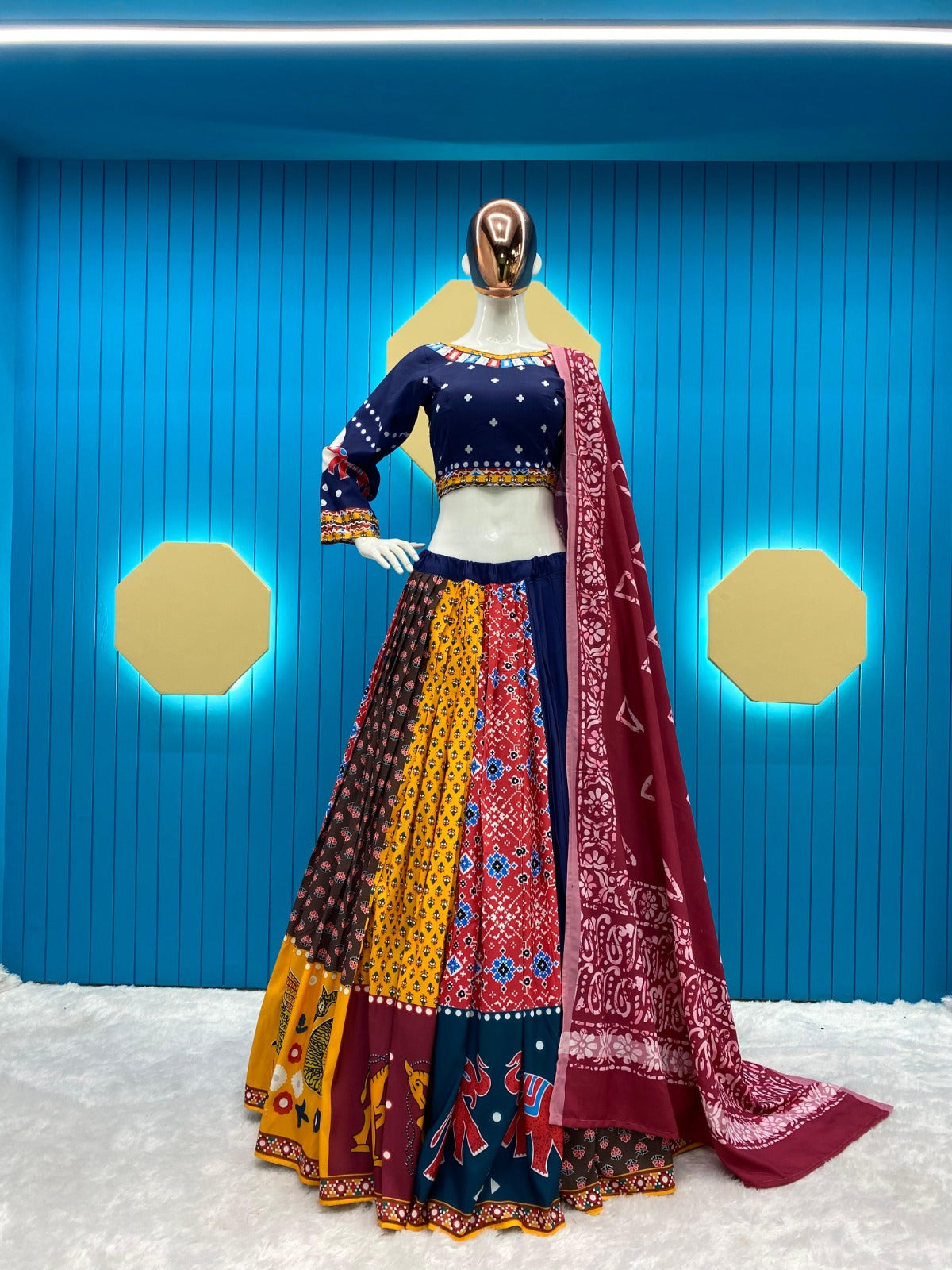 Navaratri Special Silk Lehenga Choli & Dupatta In Digital Print With Glued Real Mirror Work For Women