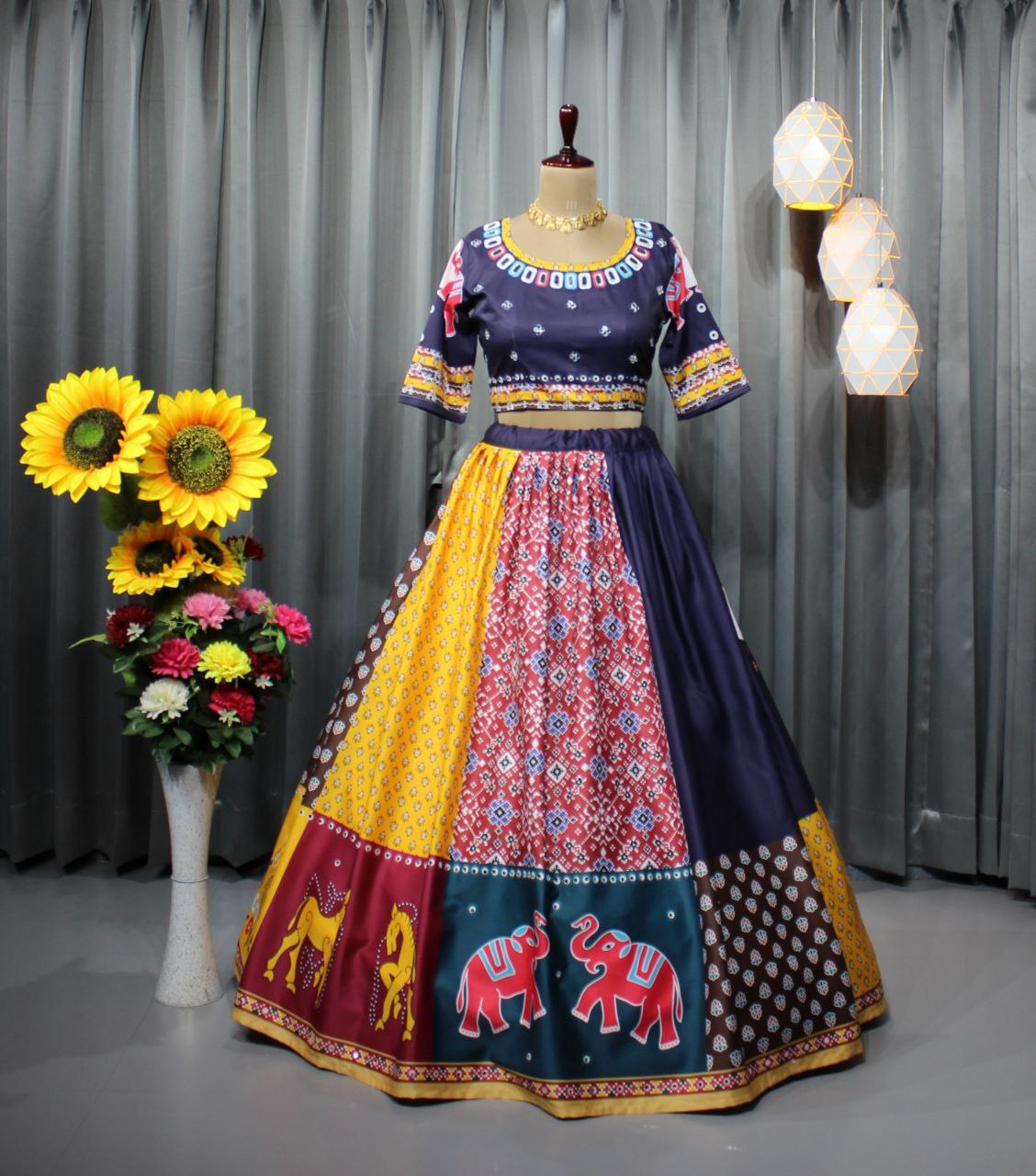 Navy Blue Cotton Festival Wear Digital Printed Lehenga Choli