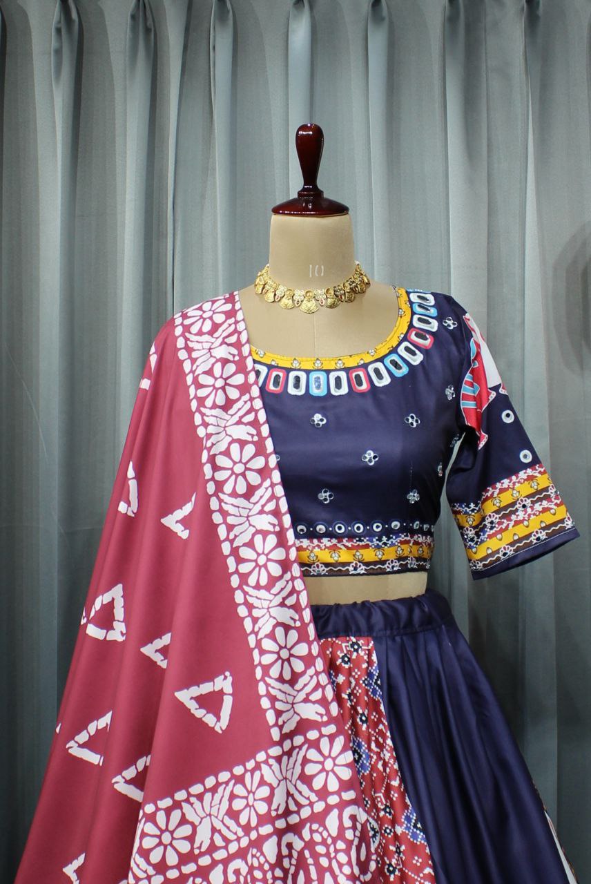 Navy Blue Cotton Festival Wear Digital Printed Lehenga Choli